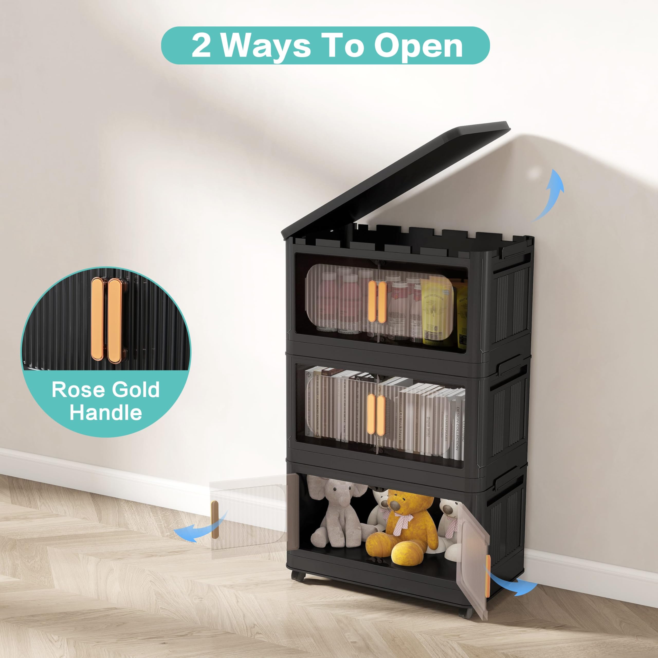 Holaki 5-Tier Collapsible Closet Organizer with Lids - Stackable Plastic Storage Bins with Wheels & Magnetic Door for Bedroom, Closet, Office (Black) - Space Saving Storage Solution for Clothes, Toys & Home Organization