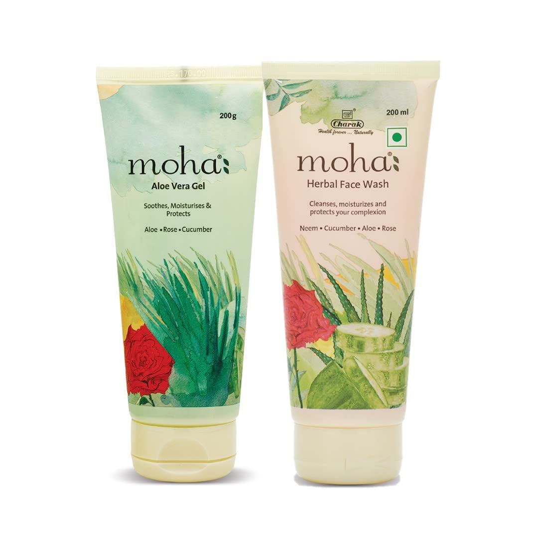 Aloe Vera Gel & Herbal Face Wash Combo - 200gm & 200ml | Neem, Aloe, Cucumber, Rose for Clear Skin