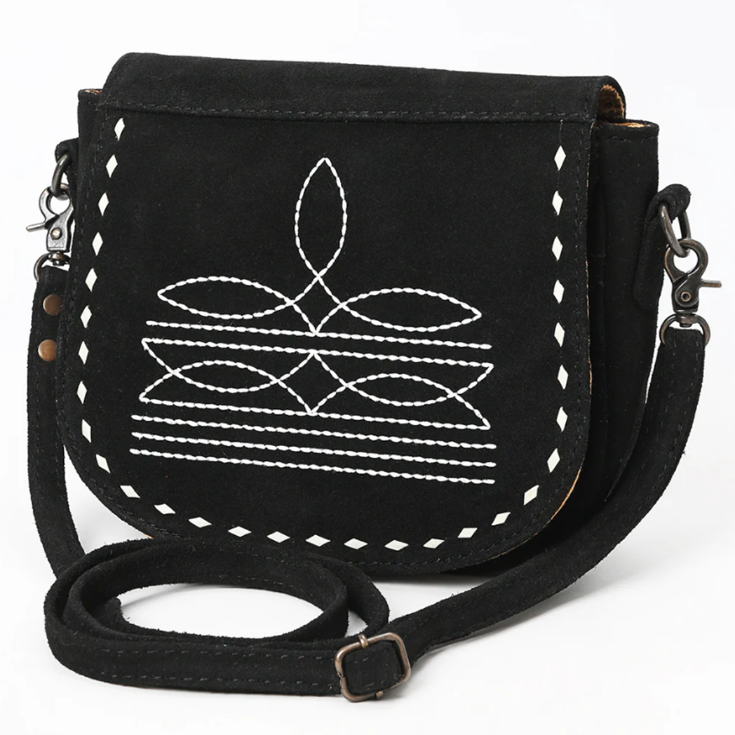 American Darling Black Roughout Boot Stitch Leather Crossbody Bag - Stylish Western Handbag for Women - Perfect for Daily Use, Travel & Country Music Festivals