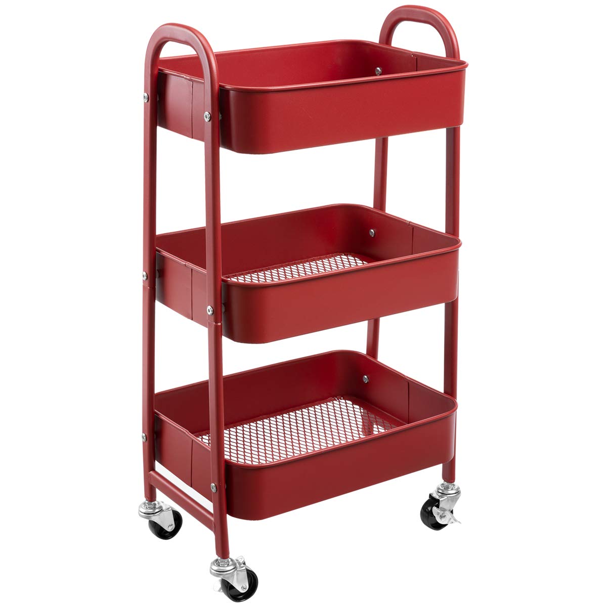 AGTEK 3-Tier Rolling Makeup Cart - Metal Beauty Organizer with Wheels, Brick Red - Perfect for Salon, Home, or Professional Makeup Artists