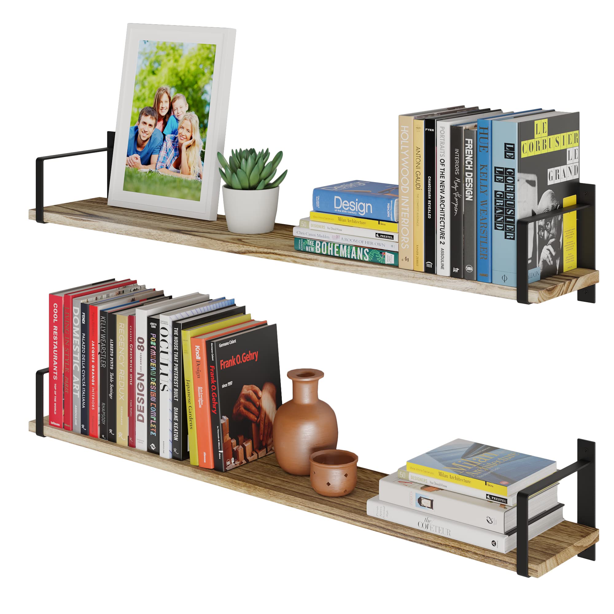Wallniture Toledo 36 Inch Long Wood Floating Shelves Set of 2 - Rustic Burnt Finish Wall Mounted Shelves for Living Room, Bathroom, Bedroom & Kitchen - Perfect for Books, Decor & Storage | Home Organization & Space Saving Solution