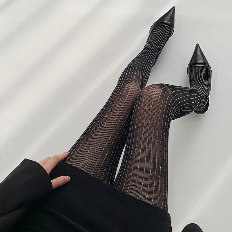 Luxury Black Thigh High Stockings for Women - Silver Silk Pantyhose, Sexy Slim Fit Lingerie Tights for Everyday Wear & Special Occasions