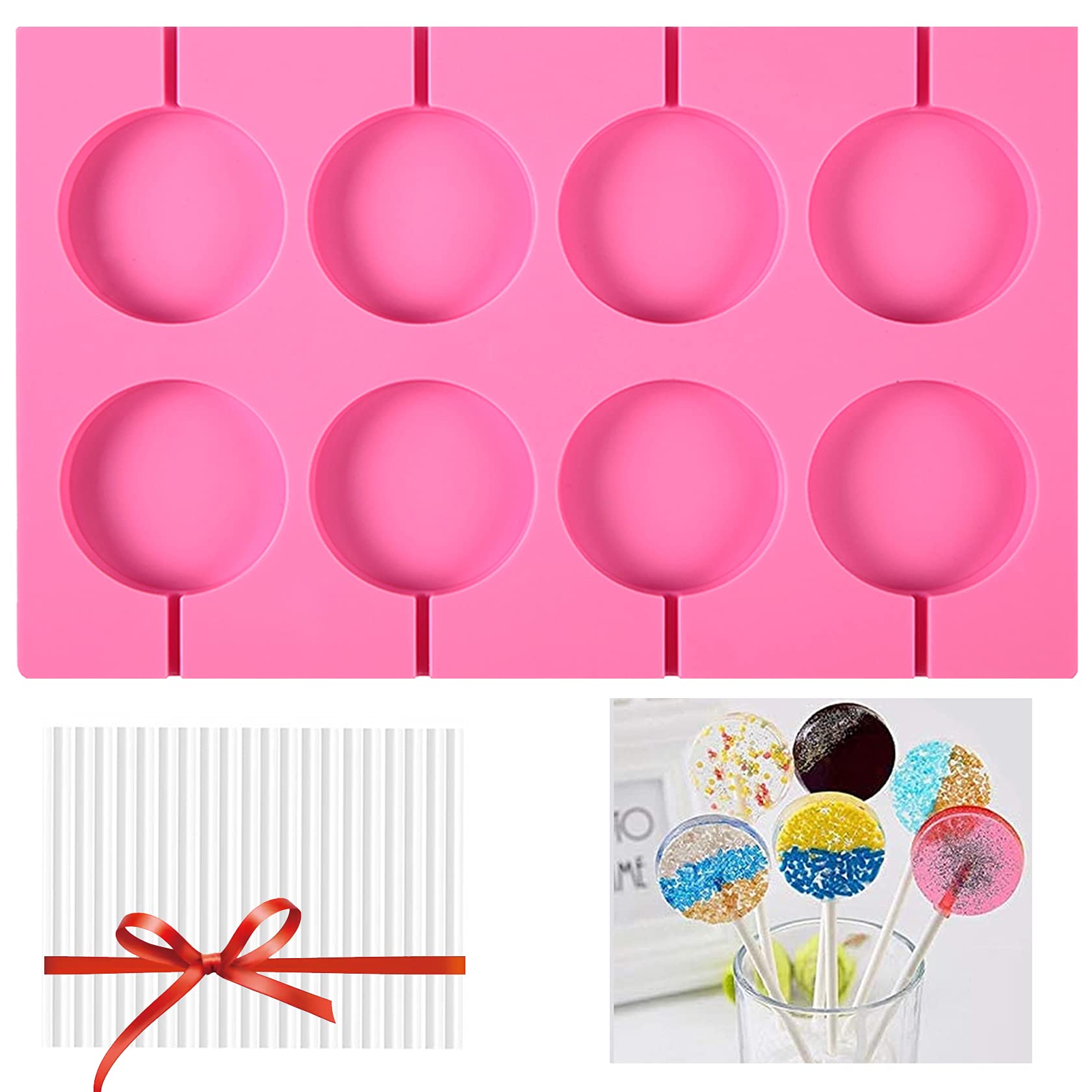 Nonstick Silicone Lollipop Molds Set - 8 Round Candy Molds with 20 Sticks for DIY Hard Candies, Jellies & Chocolates - Perfect for Birthday Parties, Baby Showers & Holiday Treats