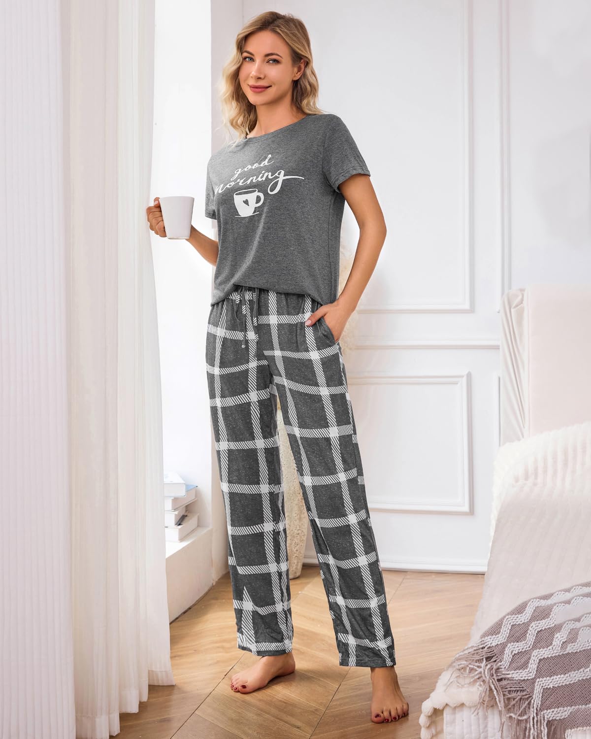 Difficort Women's Pajama Sets - Soft Short Sleeve Sleep Shirt & Comfortable Long Pants Lounge Outfit with Pockets - Perfect for Sleeping, Lounging & Home Relaxation