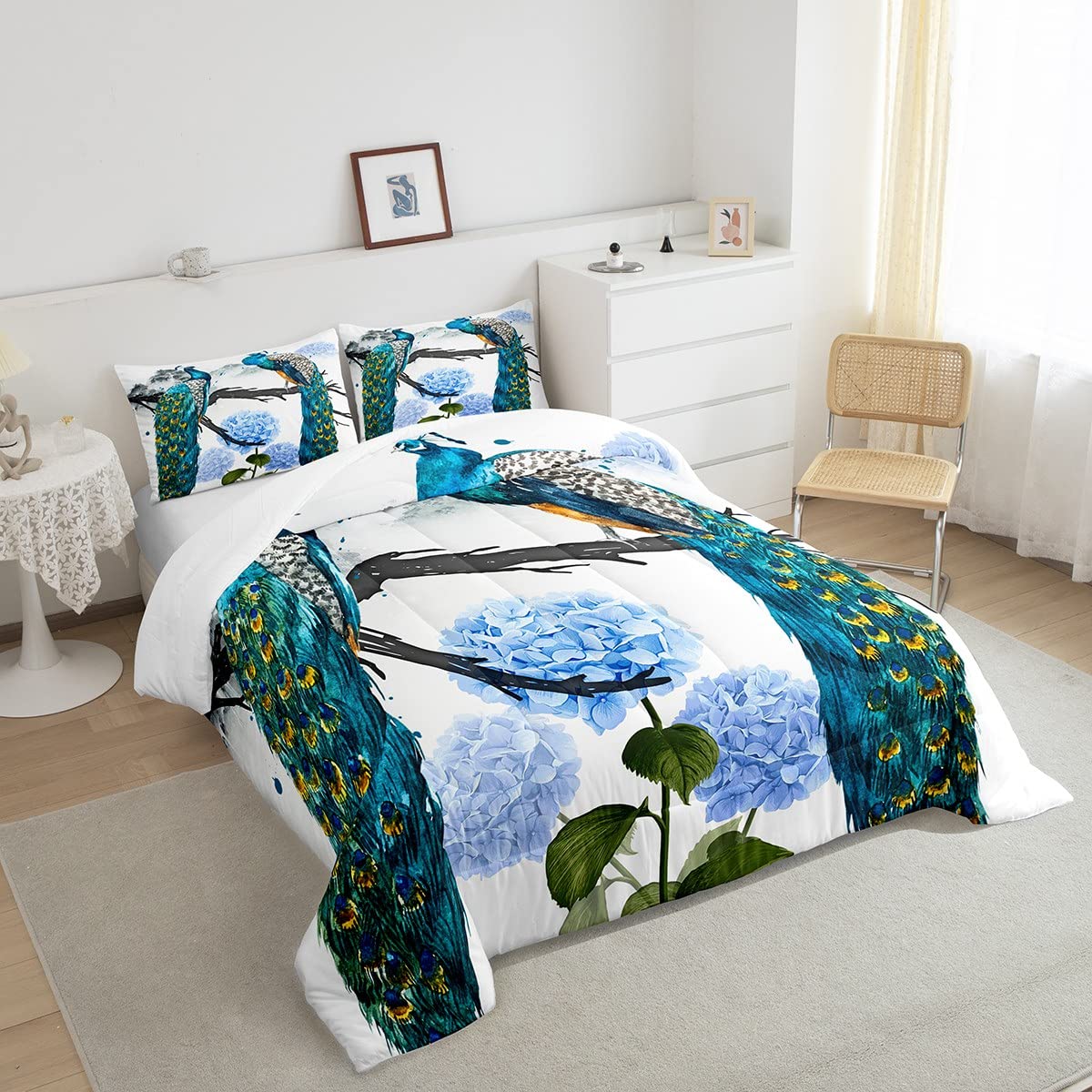 Peacock Bedding Set Full - Blue Floral Comforter Set with Feather Down, Retro Chinese Style Quilt, Chic Bird Duvet Cover for Bedroom Decor | Soft White Luxury Bedding for Master Bedroom & Guest Room