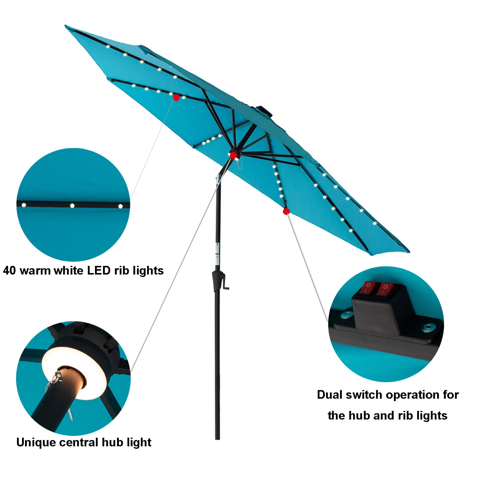 C-Hopetree 11 ft Solar LED Patio Umbrella with Tilt Function - Outdoor Market Table Umbrella for Garden, Poolside, and Restaurant Use