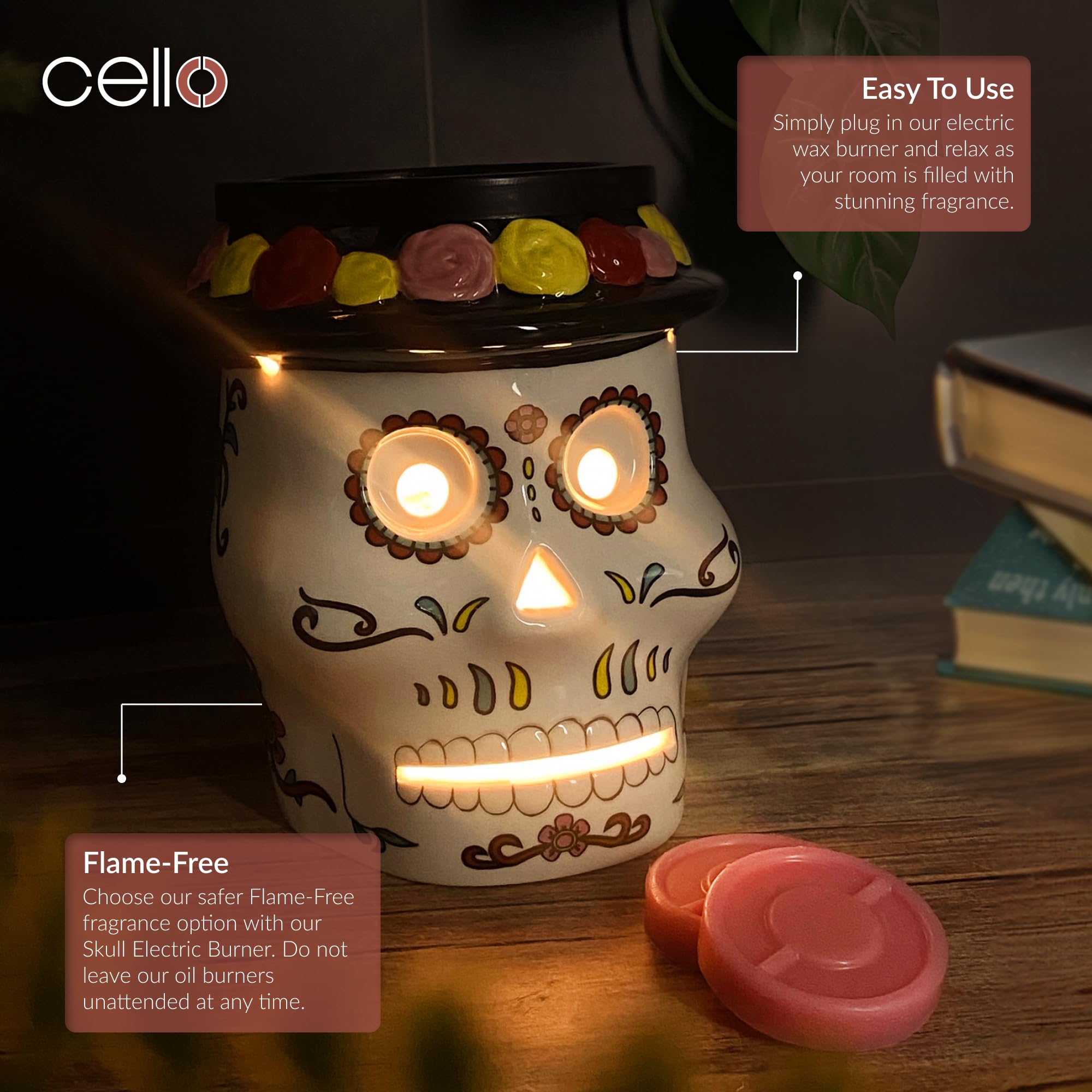 Premium Cello Sugar Skull Electric Wax Melt Burner - Perfect for Home, Office & Halloween Decor