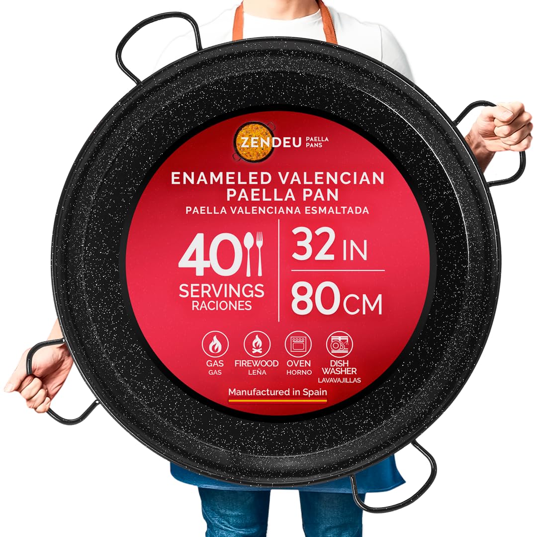 Premium Enameled Carbon Steel Paella Pan - 32 Inch (80cm) for 40 Servings with 4 Hangers - Perfect for Outdoor Cooking, Parties, and Spanish Cuisine