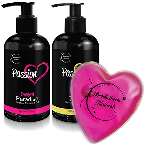 Passionate Sensual Massage Oil Set for Couples - 2 Bottles Natural Almond & Jojoba Massage Oils with Heart-Shaped Warmer - Romantic Body Oil for Women & Men - Perfect for Date Nights, Anniversary Gifts & Spa Relaxation at Home