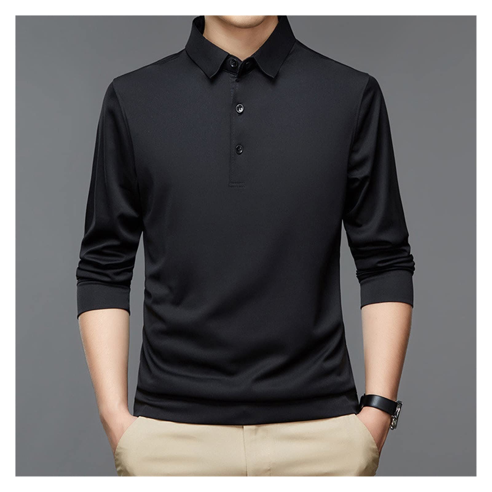SKREOJF Men's Slim Fit Long Sleeve Polo Shirt - Business Casual Solid Color Korean Style Lapel Tee for Work & Office Wear (4XL, Color A) | Perfect for Business Meetings, Office Outfits & Smart Casual Events