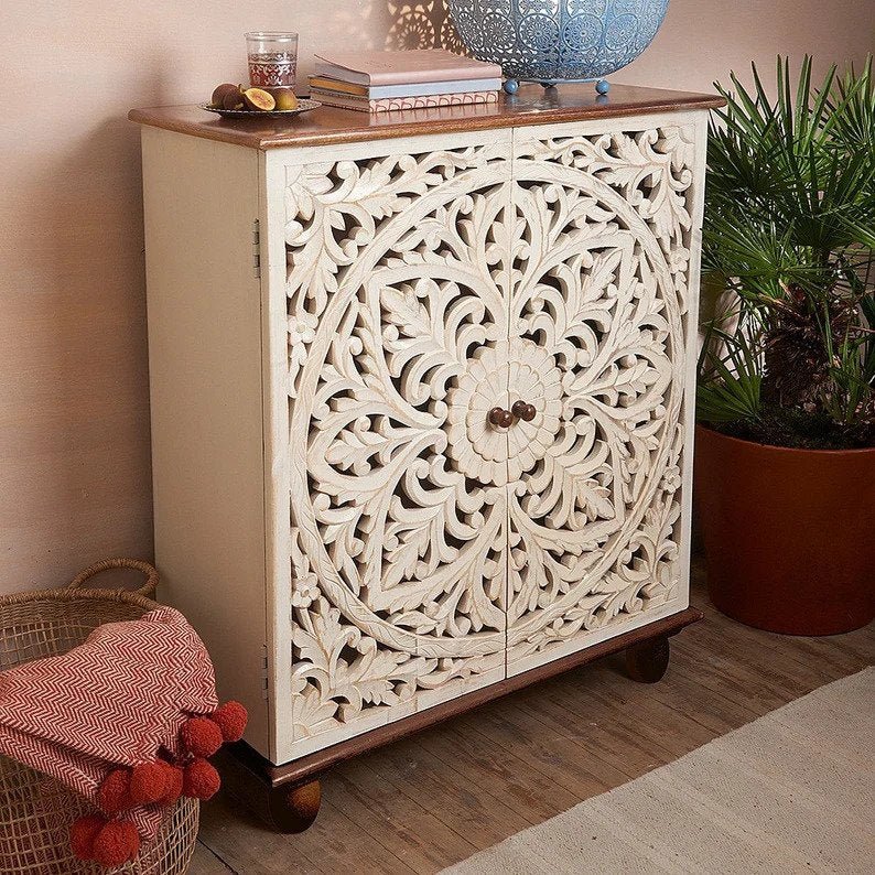 Hand Carved White Buffet Cabinet - Small Sideboard for Dining Room, Living Room & Entryway Storage | Solid Wood Vintage Style Furniture for Home Decor