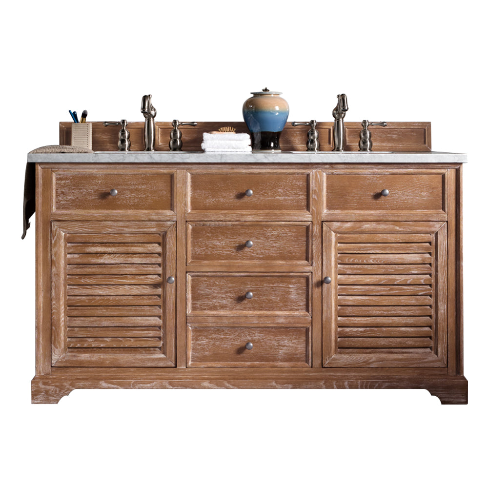 Savannah 60 Inch Driftwood Double Bathroom Vanity with 3CM Carrara Marble Countertop - Perfect for Master Bathroom Renovation and Modern Home Decor