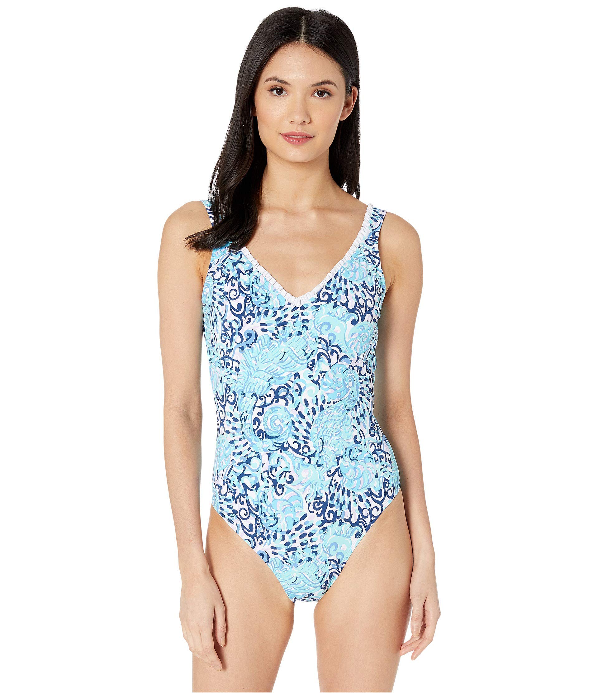 Lilly Pulitzer Araza One-Piece Swimsuit - Light Aqua Spritz Size 6 | Flattering Women's Bathing Suit for Beach, Pool & Vacation | UPF 50+ Sun Protection