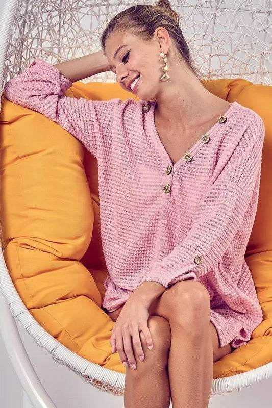 Bibi Popcorn Waffle Top with Buttoned Placket in Blush Pink - Women's Casual Blouse for Work, Date Night & Everyday Wear