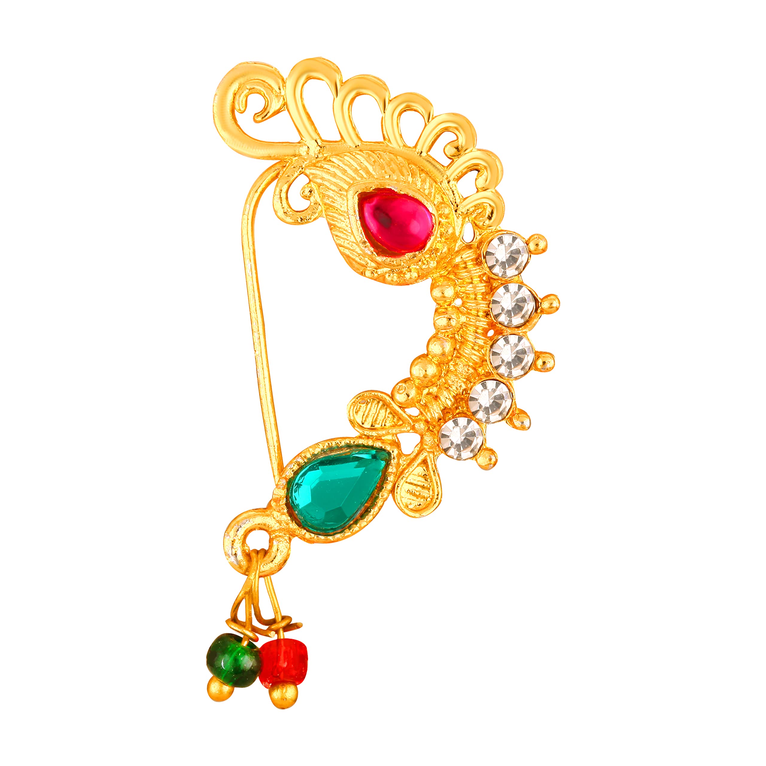 Vighnaharta Gold Plated Peacock Design Nose Ring with Artificial Stones - Traditional Maharashtrian Nathiya Nose Pin for Women | Valentine's Day Gift for Her, Anniversary Present, Indian Cultural Jewelry [VFJ1235NTH-Press]