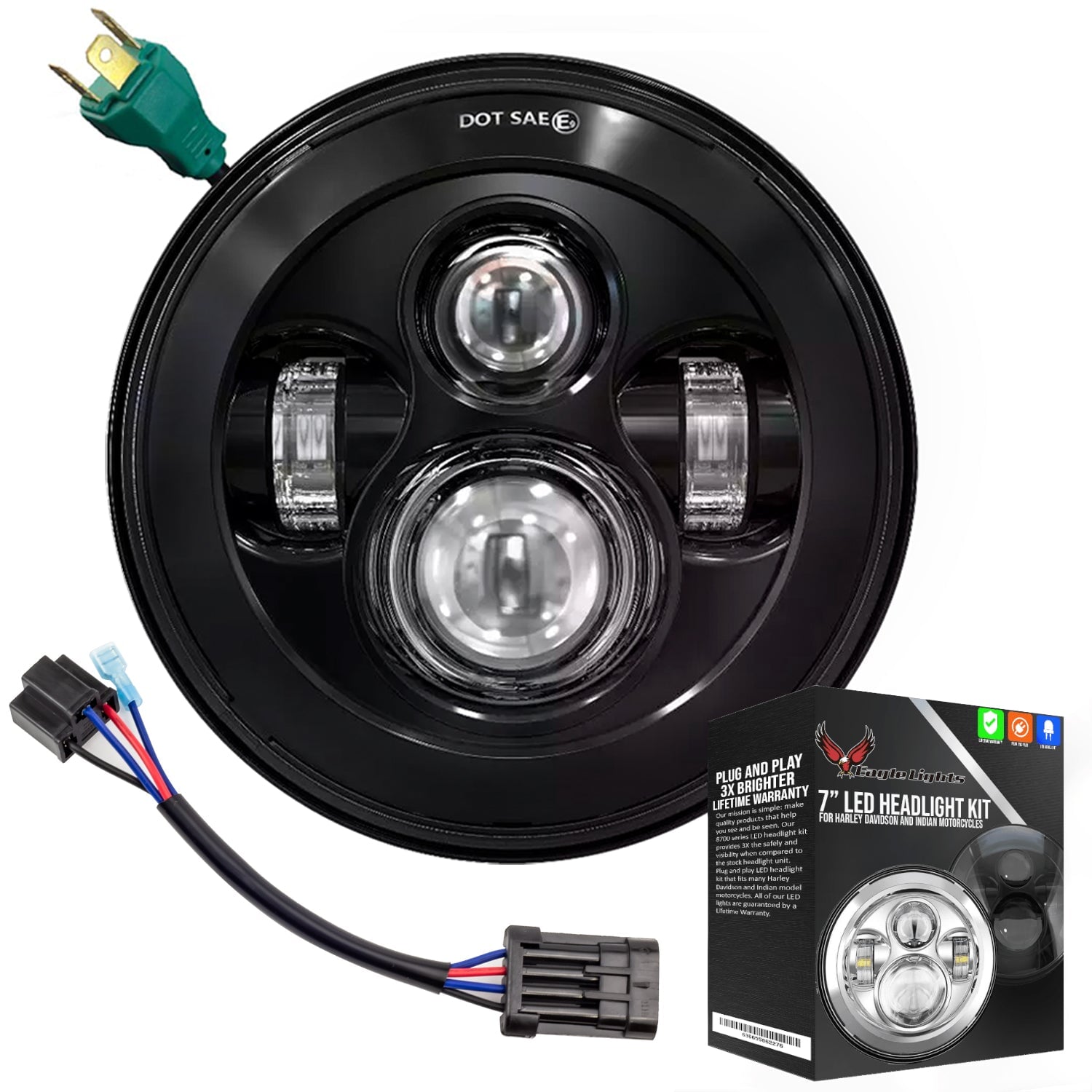 7 LED Headlight Kit for Harley Davidson & Indian Motorcycles - Generation I Black Eagle Lights | High Visibility Motorcycle Headlight for Night Riding & Off-Road Adventures