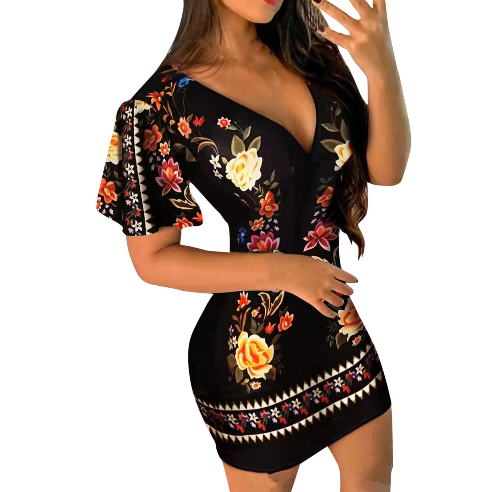 Women's Floral Print Slim Fit Deep V-Neck Midi Dress - Elegant Work & Evening Wear for Office, Party, and Special Occasions