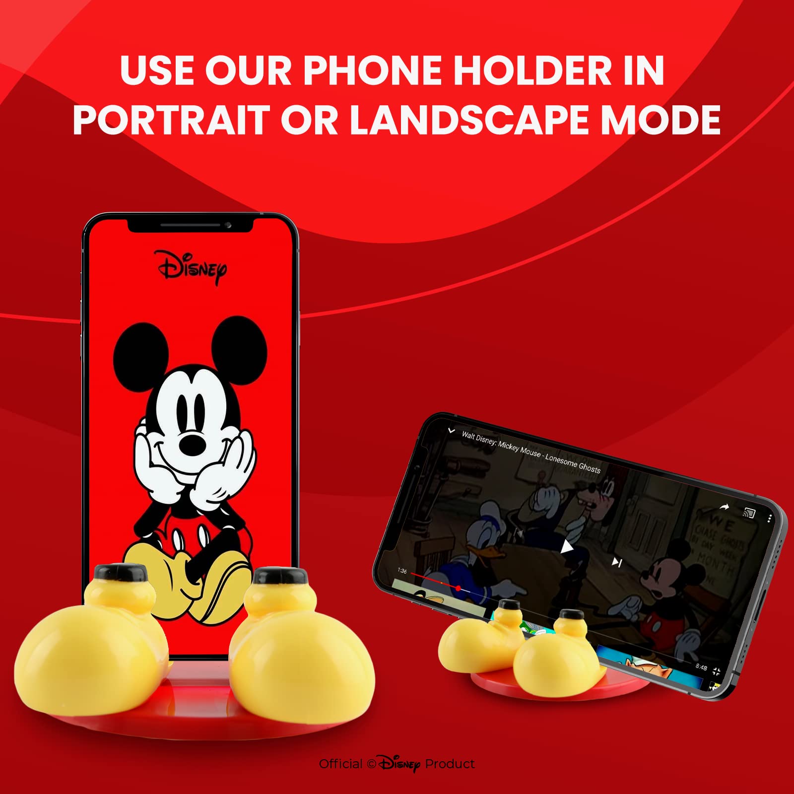 Disney Mickey Mouse Feet Phone Stand with Bonus Decal Sticker - Universal Cell Phone Holder for Desk, Home & Office - Compatible with iPhone, Android & All Smartphones - Red - Perfect for Watching Videos, Video Calls & Hands-Free Browsing