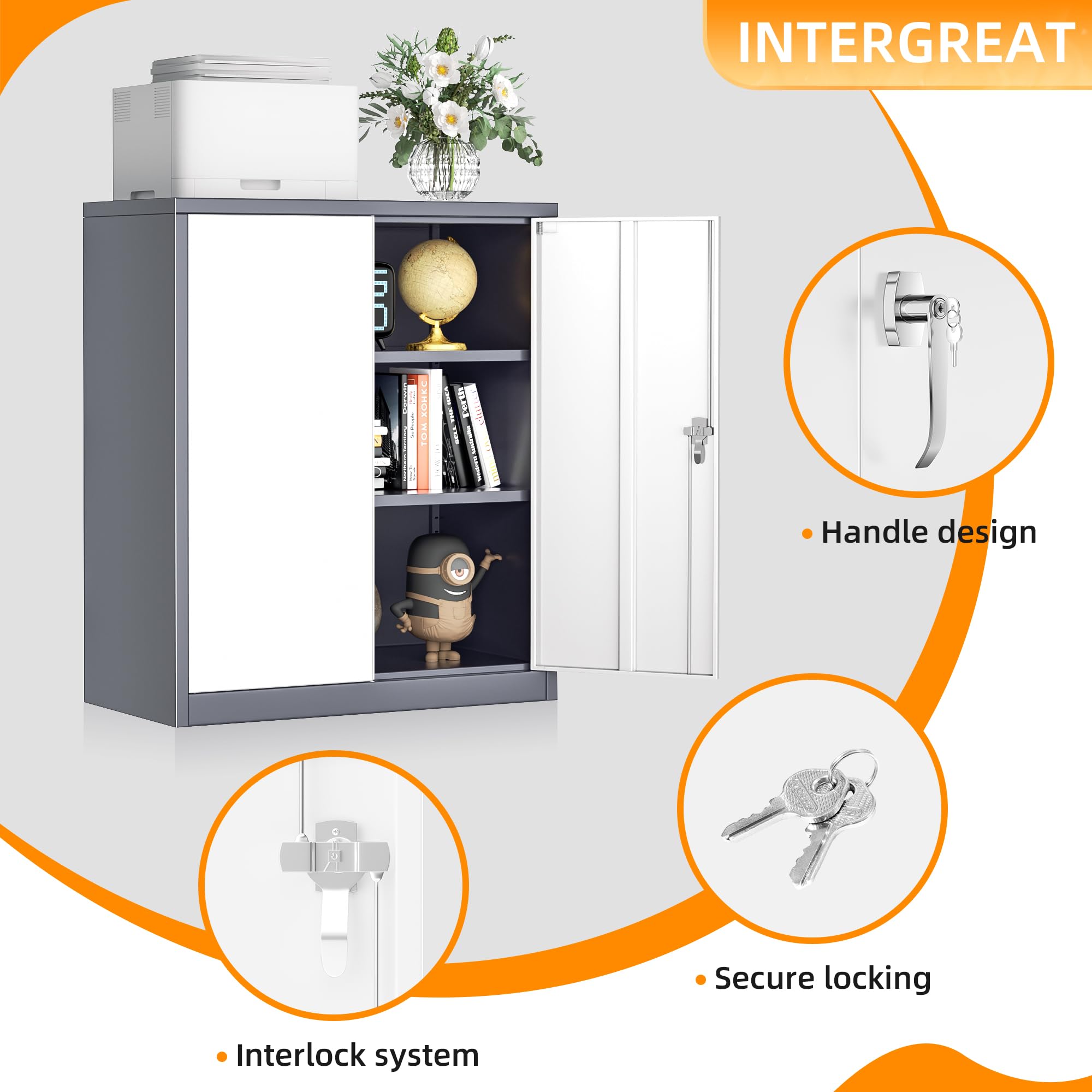 INTERGREAT 2-Door Lockable Metal Storage Cabinet with Shelves - White & Gray Steel Cabinet for Office, Garage, Home & Shop - Secure Storage for Tools, Files & Supplies