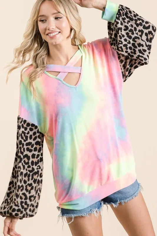 BiBi Tie Dye Terry Crop Top with Leopard Print Puff Sleeves | Trendy Women's Fashion for Summer, Music Festivals & Beach Outfits
