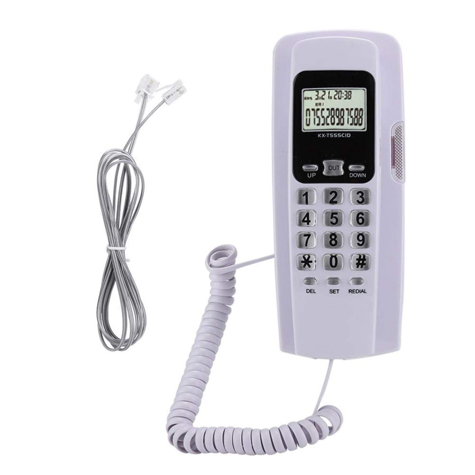 Wall Mounted ABS Mini Landline Telephone with LCD Display Backlight - DTMF/FSK Dual System Caller ID Phone for Hotel, Home & Office (White) - Perfect for Reception Areas, Bedrooms and Workspaces