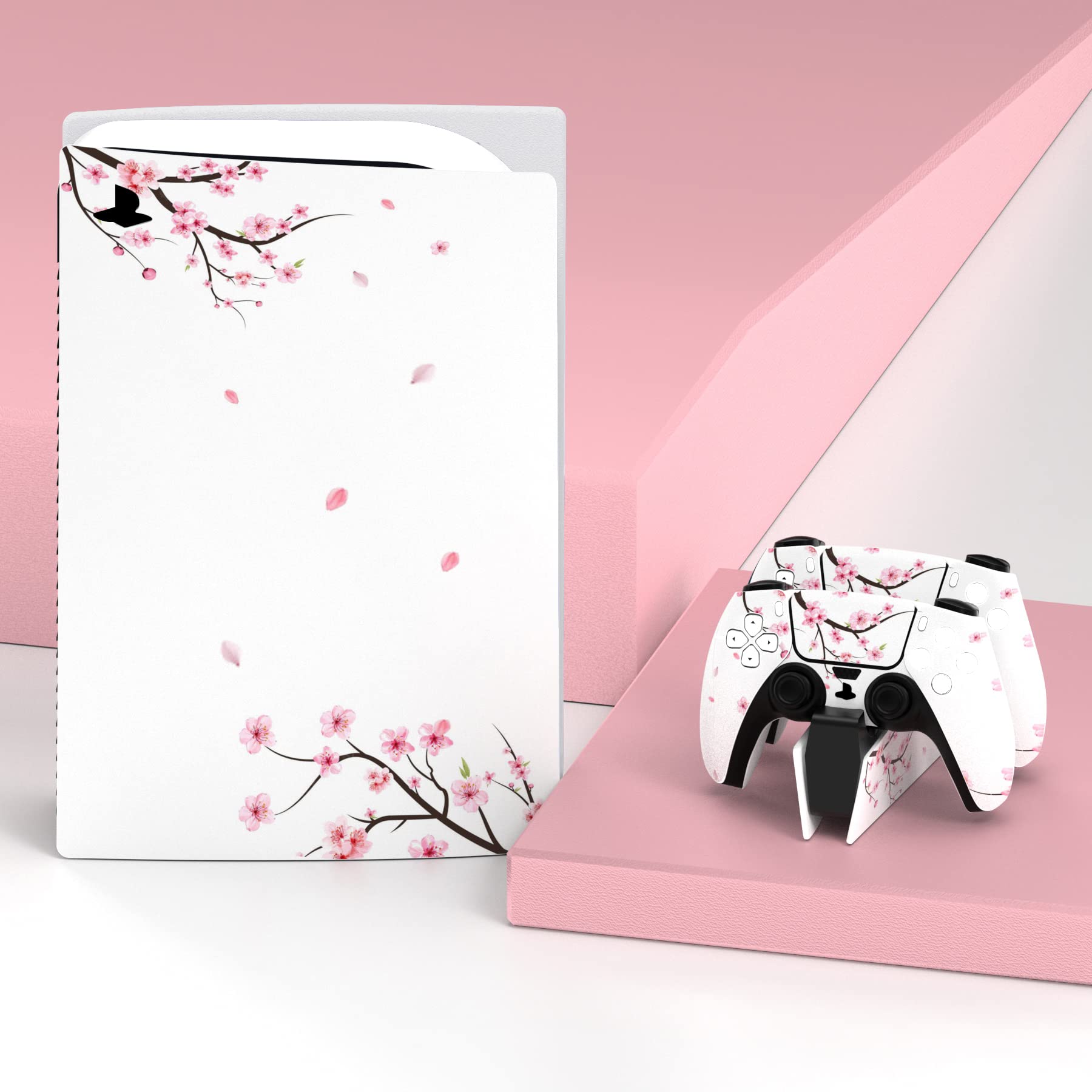 PlayVital Vinyl Skin Stickers for PS5 Console & Accessories - Cherry Blossom Design Protective Decal for PS5, Controller, Charging Dock, Headset & Media Remote | Gaming Setup Decoration & Scratch Protection