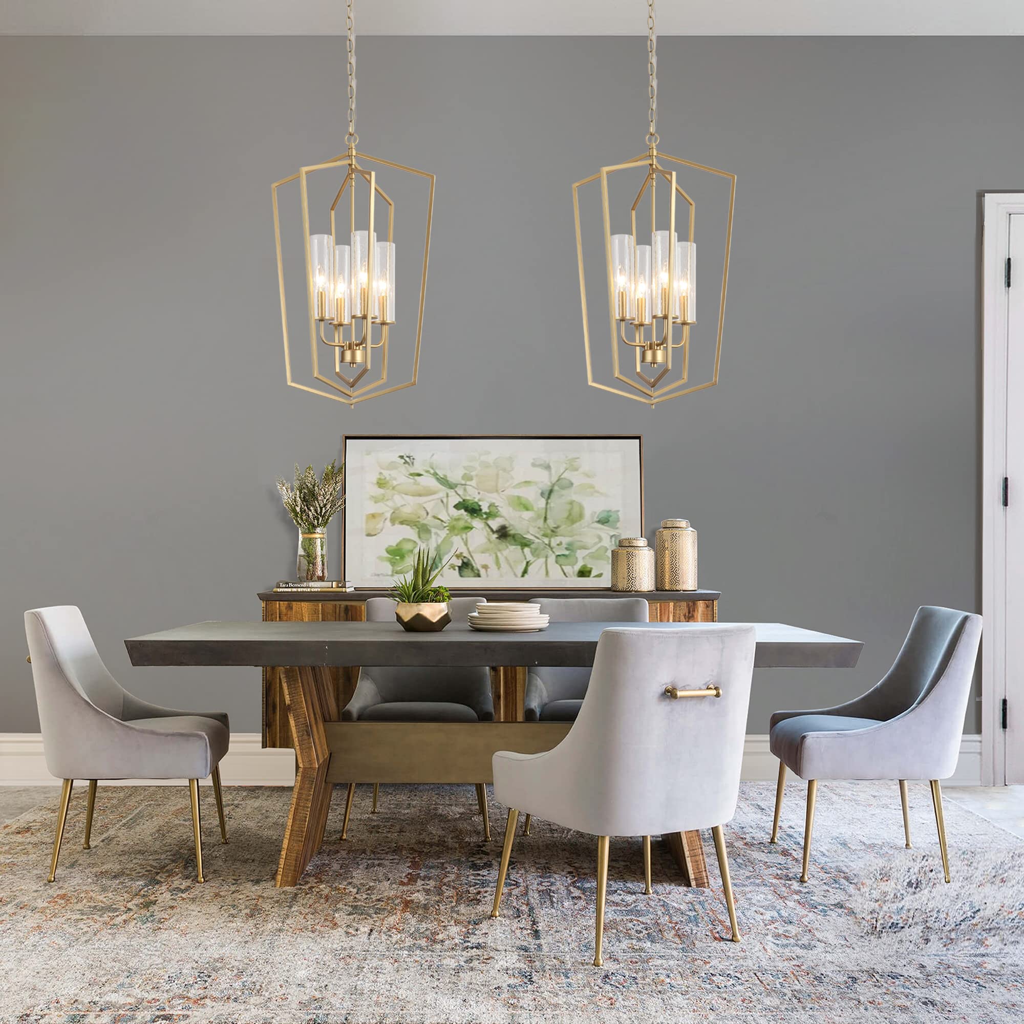 Modern Gold Chandelier - 4-Light Rotatable Geometric Lantern Pendant Light with Seeded Glass Shade - Elegant Lighting for Kitchen Island, Dining Room, Foyer & Bedroom - Perfect for Contemporary Home Decor & Interior Design