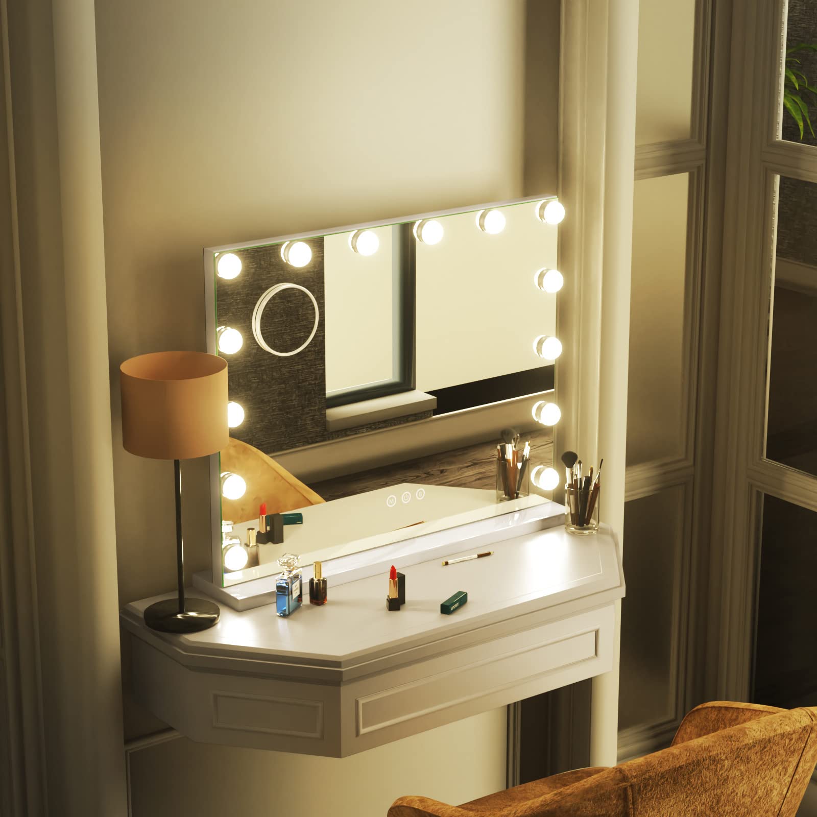Hollywood Style Vanity Mirror with Lights - 3 Lighting Modes, Dimmable Touch Screen & 14 LED Bulbs (Includes Travel Mirror) for Makeup, Skincare & Dressing Room