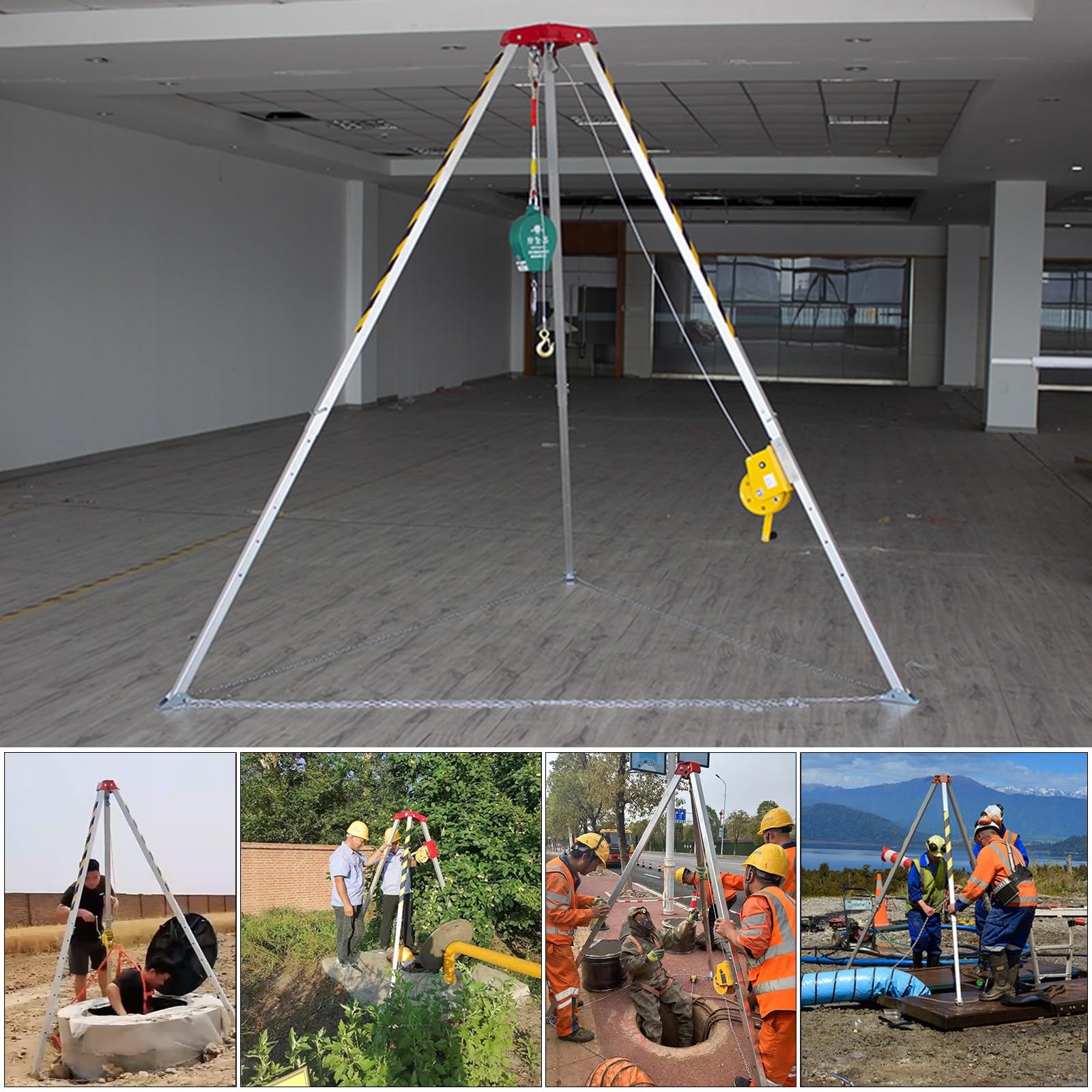 HPTHLY Confined Space Tripod Kit with Self-Locking Winch & Safety Harness - Adjustable Legs (32'/49'/65'/98' Fall Arrester) for Wellhead Fire Rescue, Pipe Repair & Sewer Cleaning - Includes Carrying Bags for Easy Transport & Storage