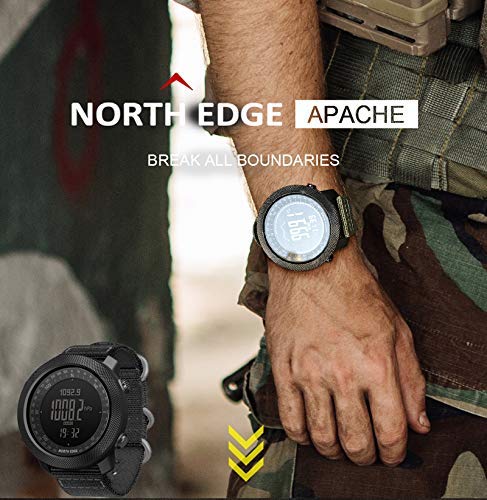 North Edge Apache Tactical Sports Watch for Men - Military Outdoor Survival Digital Watch with Compass, Step Tracker, Pedometer & Calorie Counter - Durable Band for Hiking, Camping & Adventure (Black)