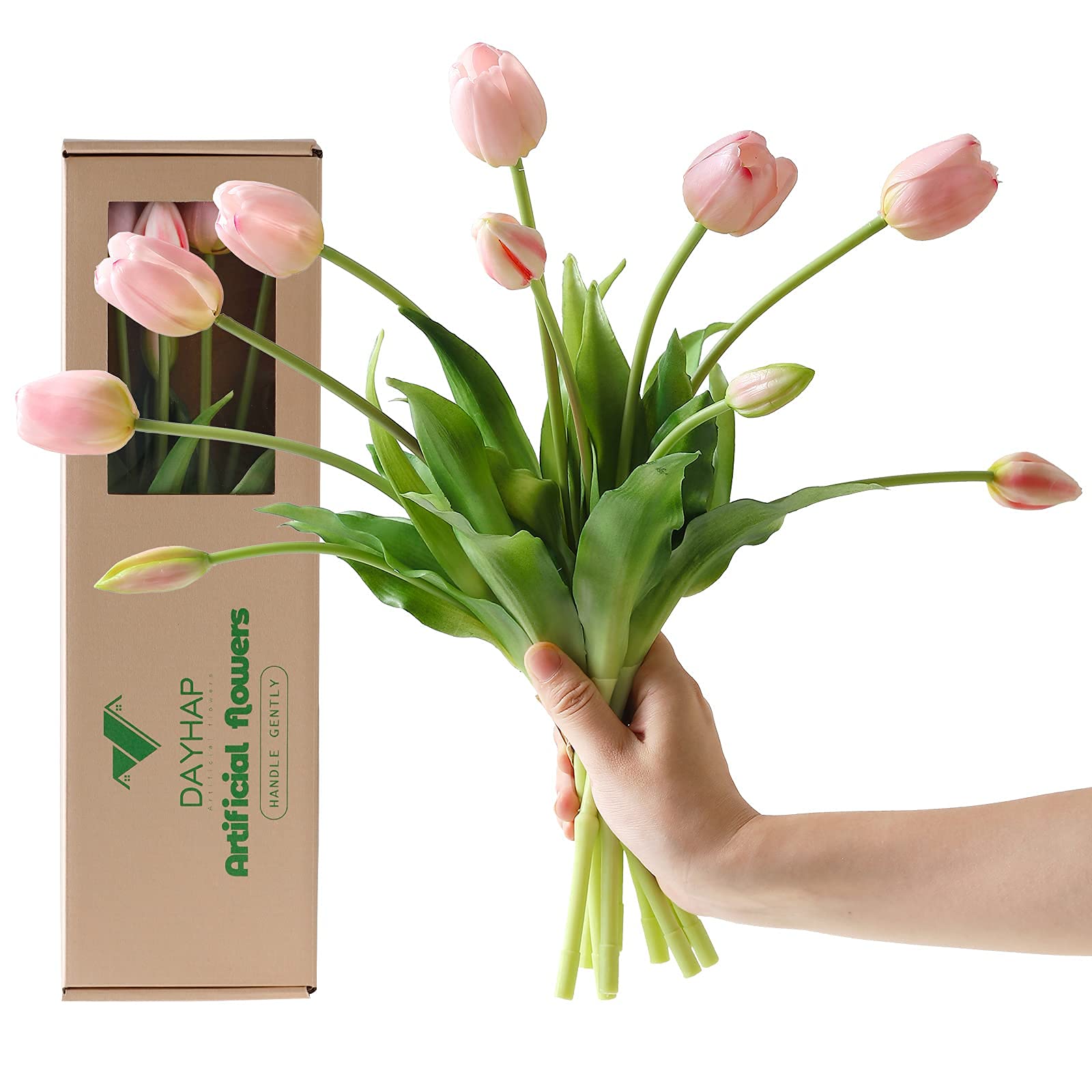 10pcs Real Touch Artificial Tulips - Soft Faux Latex Flowers with Gift Box for Wedding, Party & Home Decor | Pink Tulip Bouquet for Table Centerpieces, Living Room & Bedroom Decoration