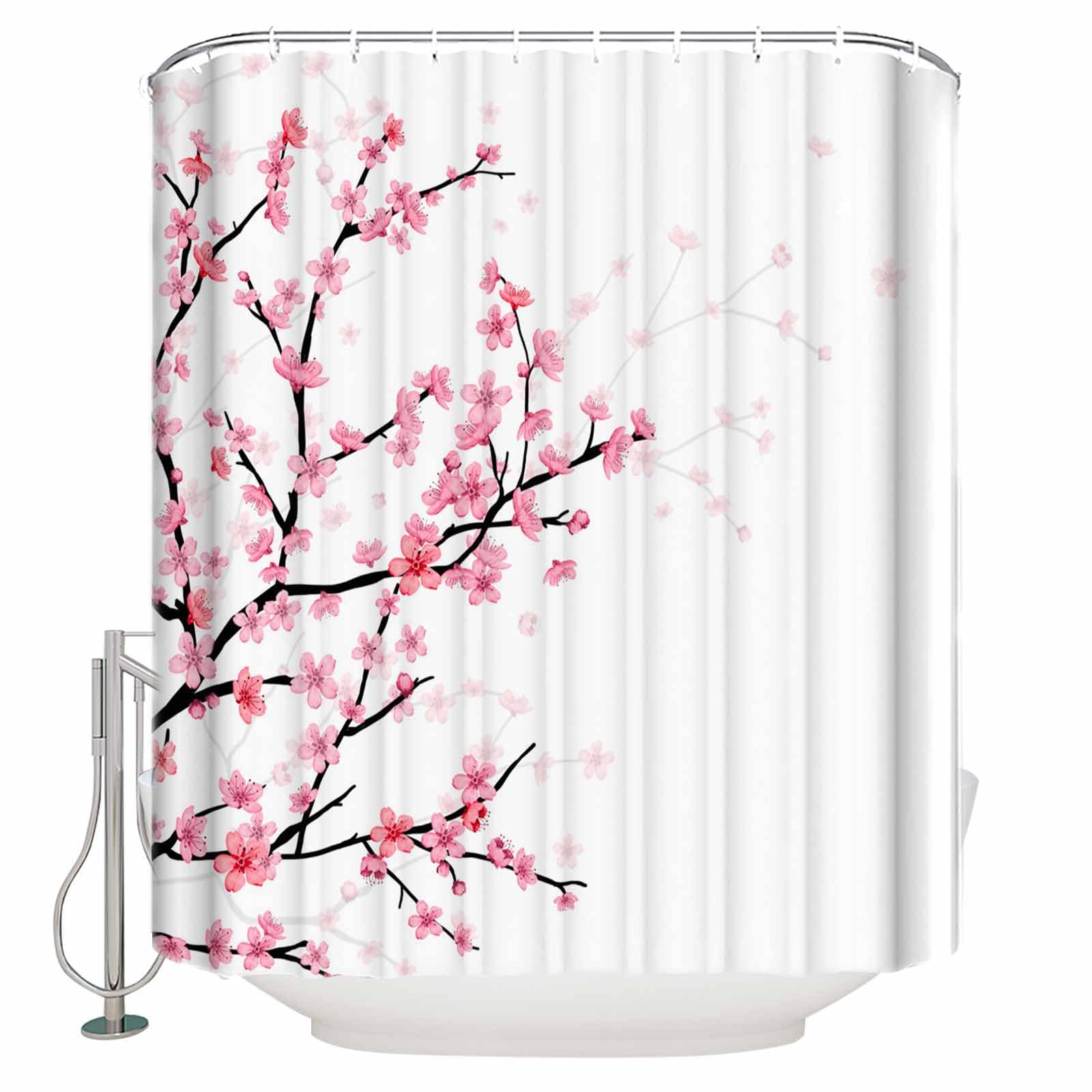 Hand Drawn Cherry Blossoms Waterproof Shower Curtain Set - 36 x 72 Inch Spring Pink Floral Bathroom Decor with 12 Hooks, Polyester Fabric for Bath & Shower - Perfect for Spring Refresh, Spa Days & Boho Bathroom Makeovers