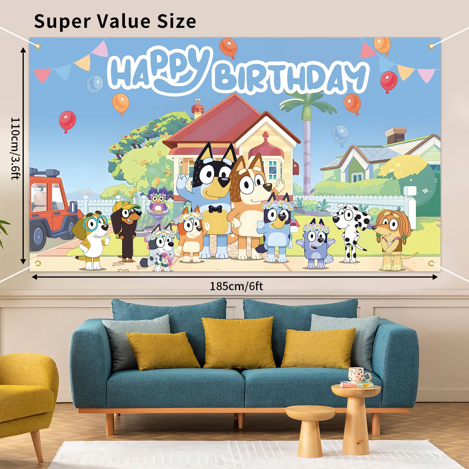Dog Happy Birthday Banner - 185x110cm Blue Birthday Party Decorations for Kids | Reusable Boys & Girls Birthday Gift | Photography Backdrop for Birthday Celebrations & Home Decor