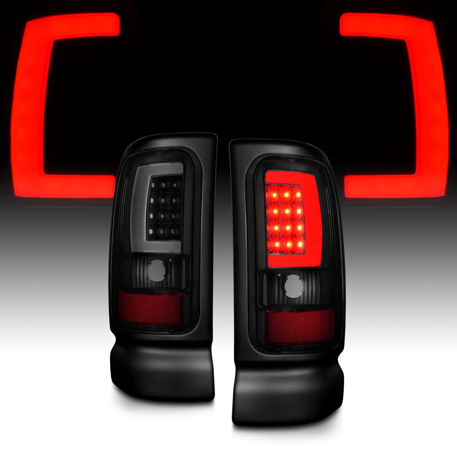 1994-2001 Dodge Ram 1500/2500/3500 Truck Black Smoke C-Bar LED Tail Lights - Pair (Left & Right) - High Visibility Replacement for Improved Safety - Perfect for Night Driving & Off-Road Adventures
