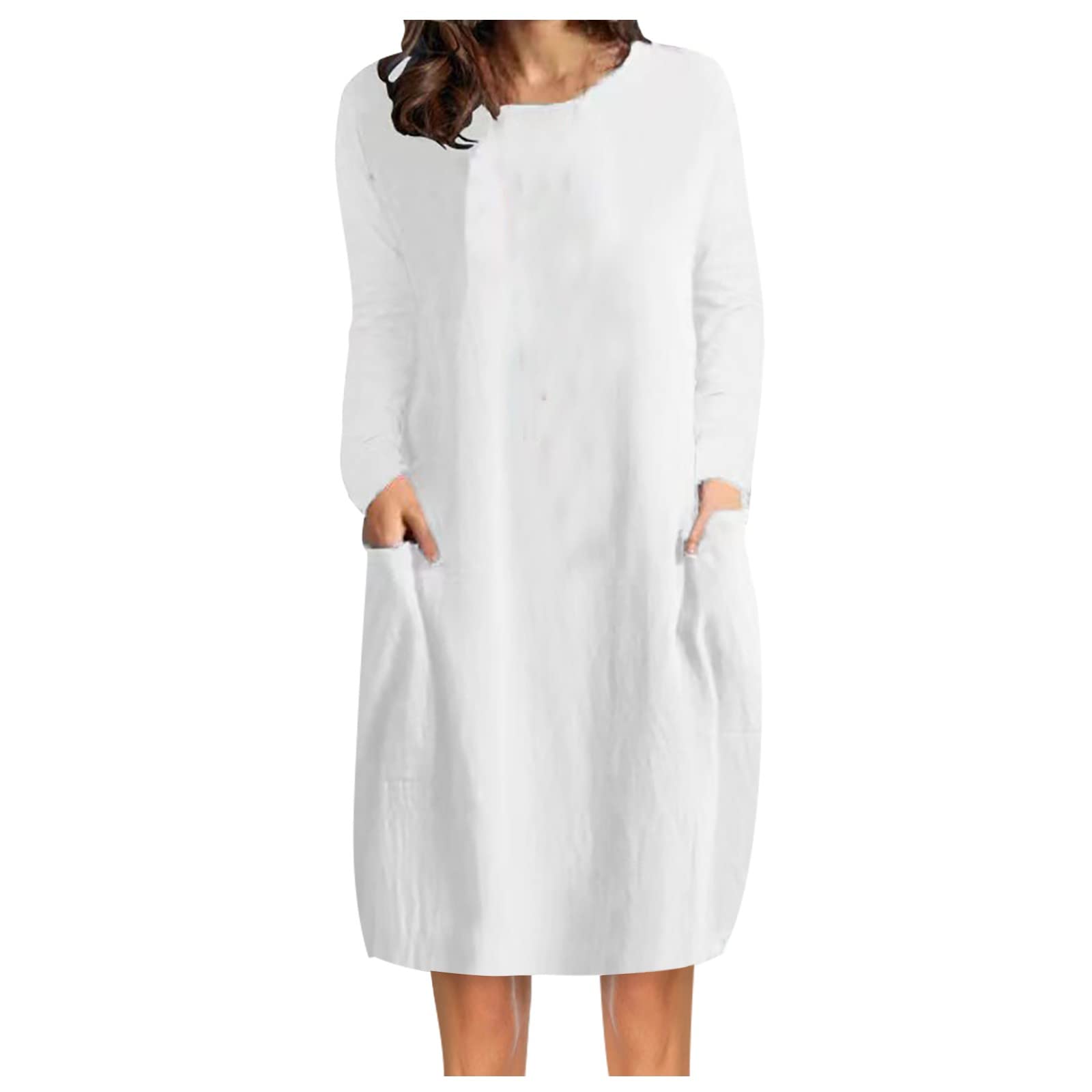 Women's Beach Dresses 2022 - Cotton Linen Loose Fit Solid Color Long Sleeve Round Neck Sundress with Pockets | Perfect for Summer Vacations, Seaside Getaways & Tropical Holidays