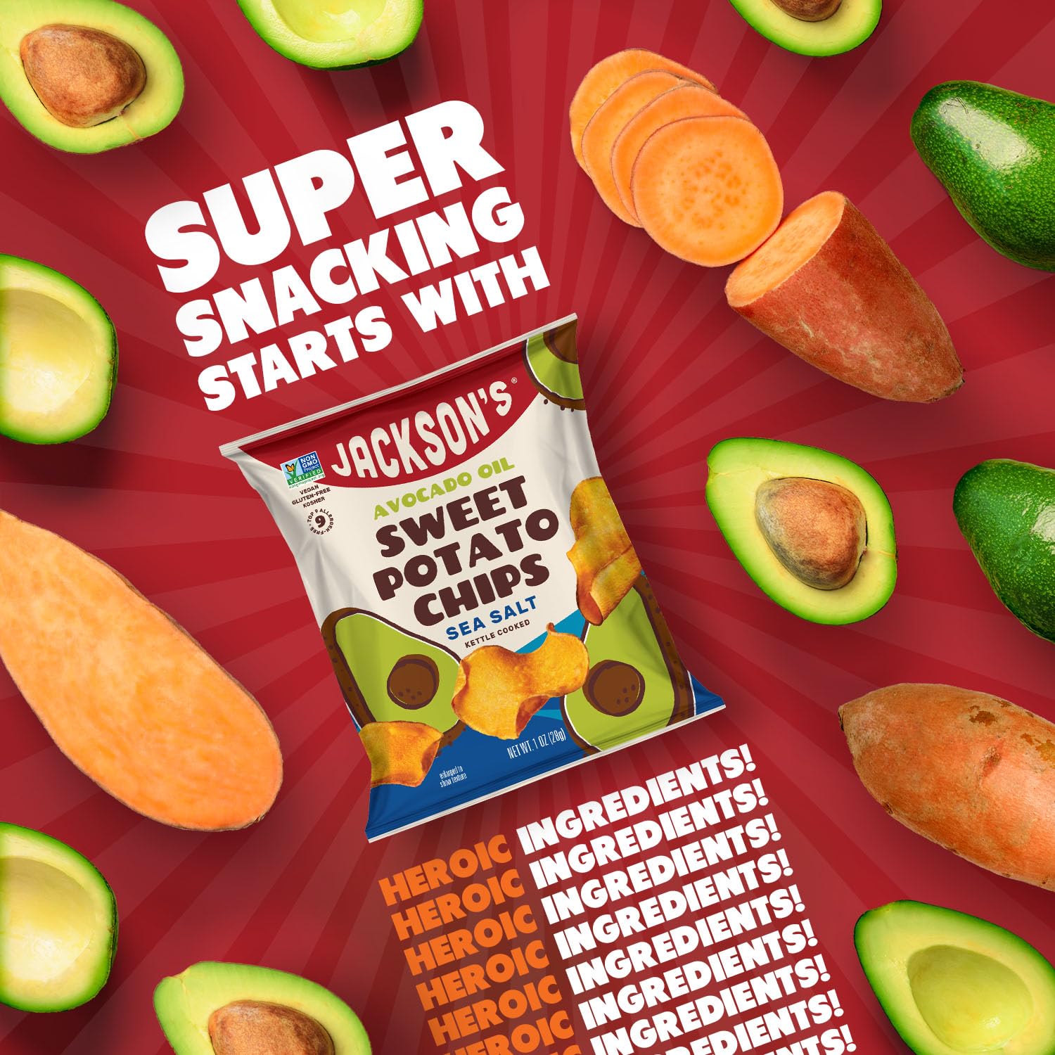 Jackson’s Sweet Potato Kettle Chips with Sea Salt - Made with Premium Avocado Oil (1 oz, Pack of 15) | Allergen-Friendly, Gluten Free, Peanut Free, Vegan & Paleo Certified | Healthy Snacks for Parties, School Lunches & On-The-Go | Shark Tank Featured Product