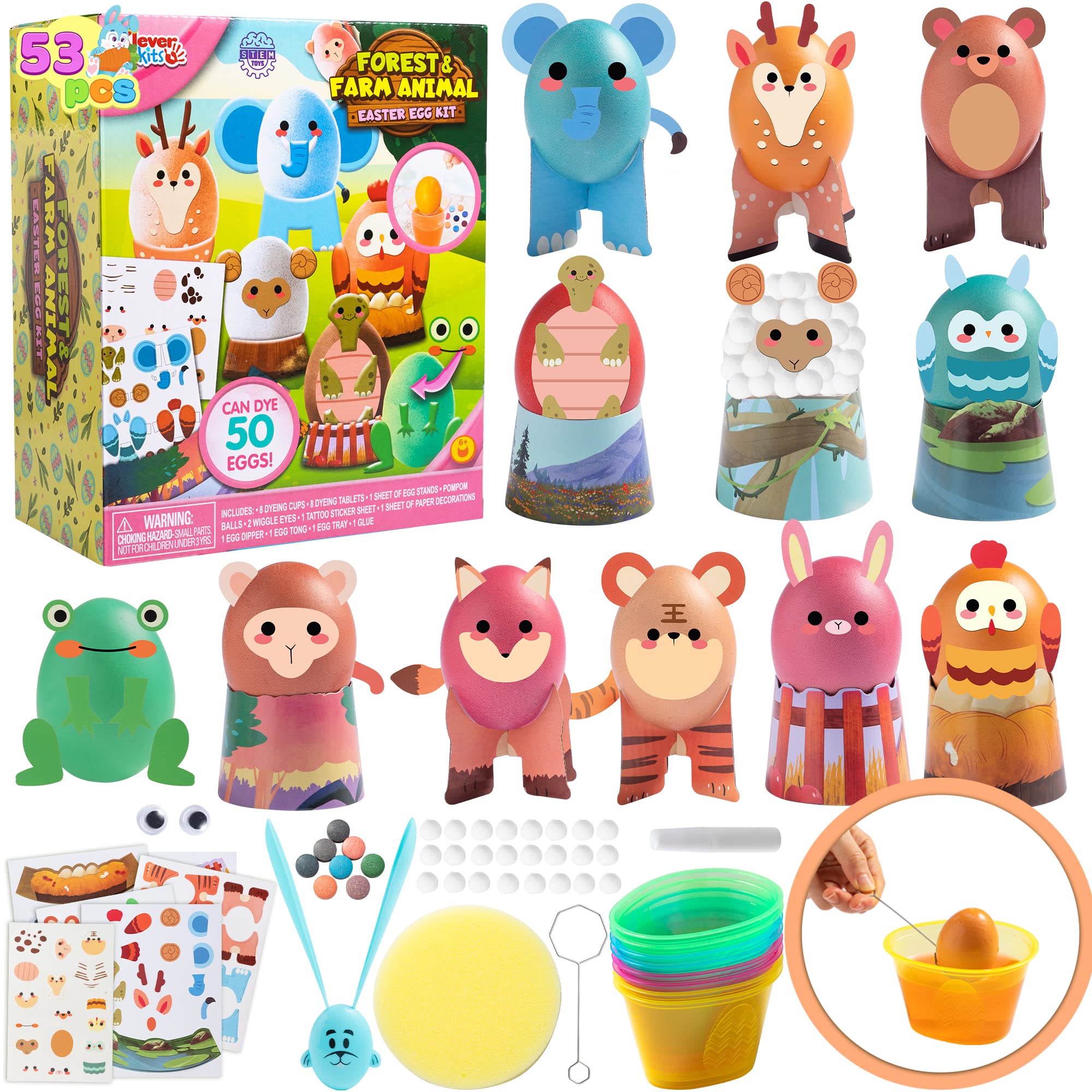 53Pcs Easter Egg Decorating Kit with Animal Papercuts & Face Stickers - Klever Kits for Kids Easter Party Favors, Creativity Activities & Egg Hunt - Perfect for Easter Decorations, DIY Crafts & Family Holiday Fun