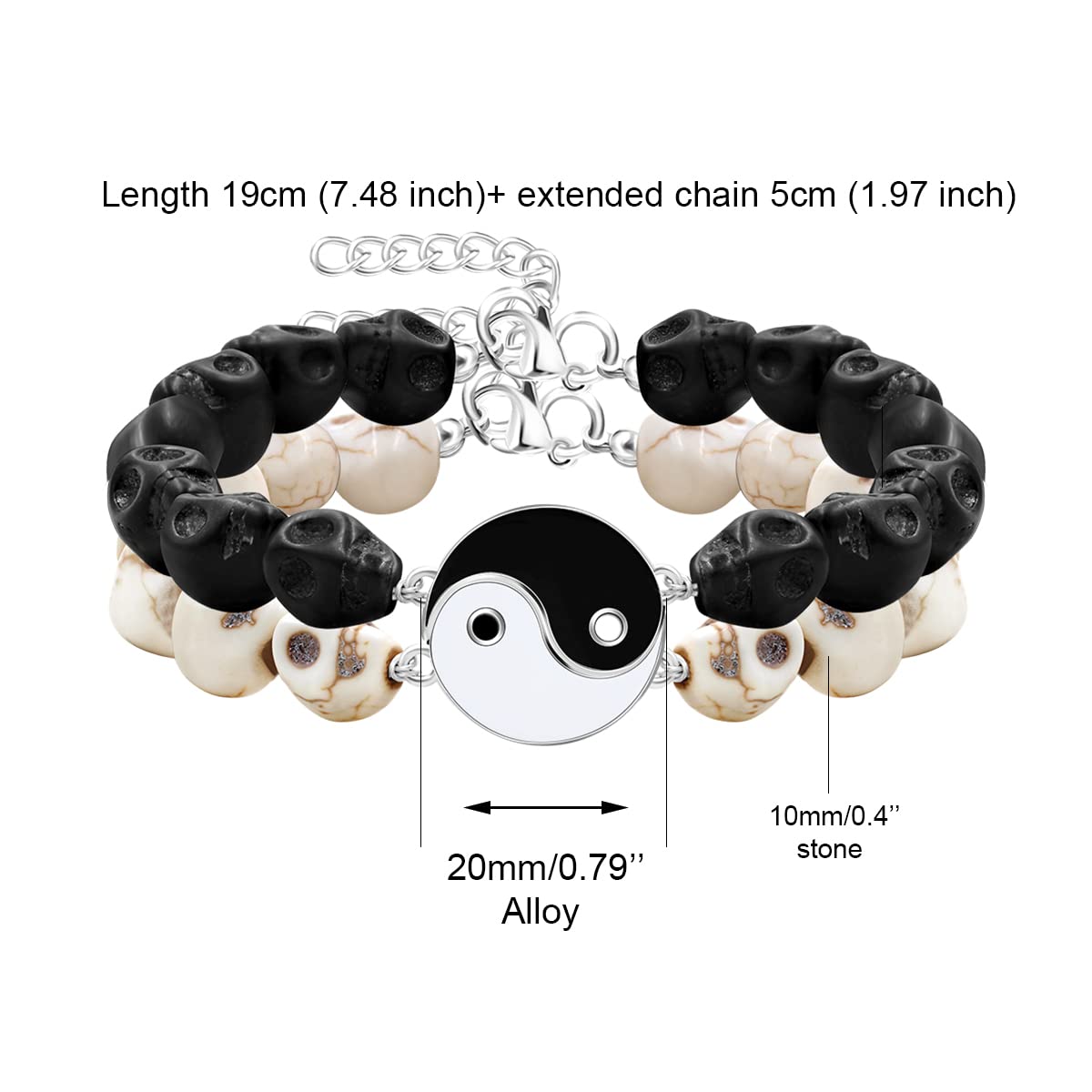 Black and White Skull Beads Yin Yang Bracelet Set for Couples - His and Her Matching Puzzle Bracelets for Men & Women Y2472 - Perfect for Anniversaries, Valentine's Day Gifts and Couple Fashion Accessories