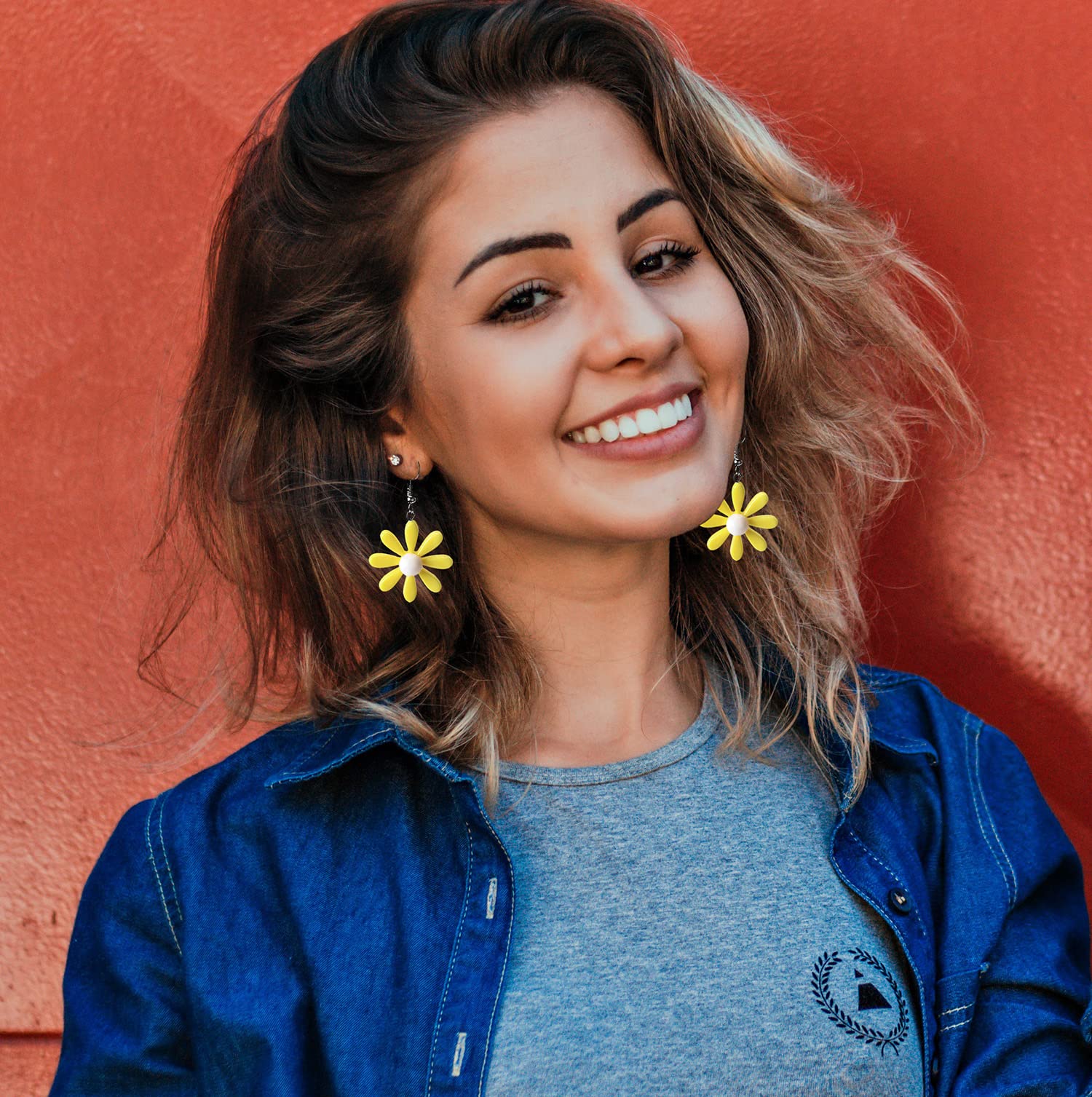Yellow Acrylic Daisy Flower Earrings for Women - Dangle Wild Lily Petals Hawaiian Style Jewelry | Perfect for Summer, Beach Vacations & Boho Fashion