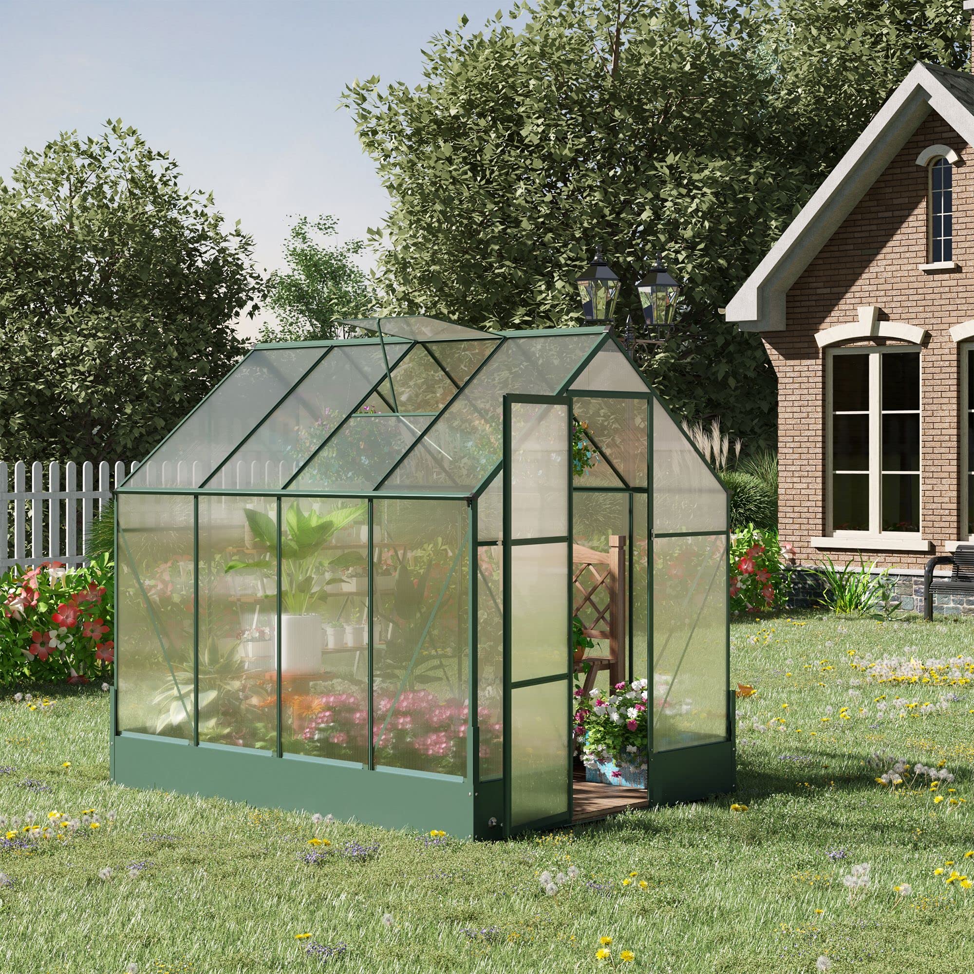 Outsunny 8' x 6' Polycarbonate Walk-in Greenhouse with Roof Vent & Rain Gutter - Durable Aluminum Frame for Outdoor Gardening - Perfect for Backyard, Patio & Plant Protection