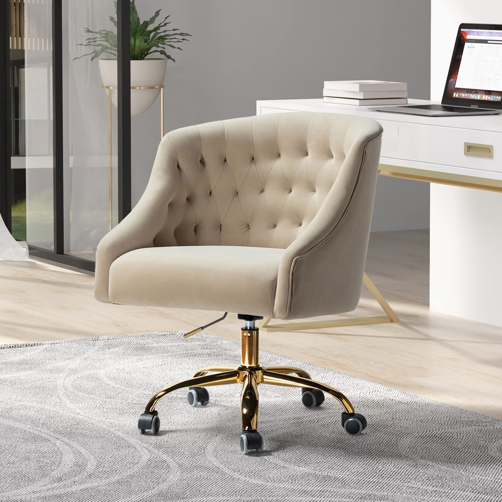 Luxury Velvet Home Office Chair with Gold Base - Modern Adjustable Swivel Task Chair for Living Room, Bedroom & Study - Soft Comfortable Desk Chair for Working, Gaming & Vanity (Tan)