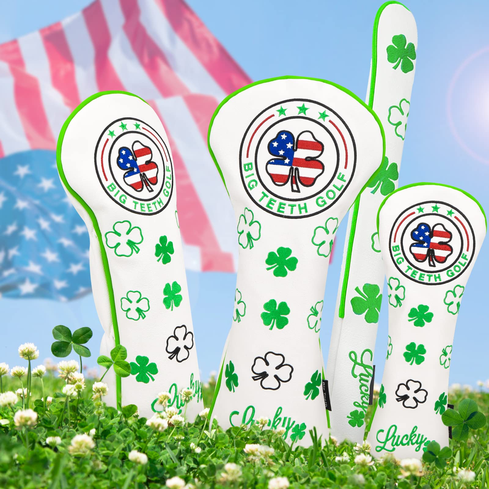 Premium 460cc Golf Driver Headcover & Fairway Hybrid Headcover - PU Leather Lucky Clover Design for Taylormade, Titleist & More | Woods Golf Club Protector | Perfect for Golf Tournaments & Driving Range Practice