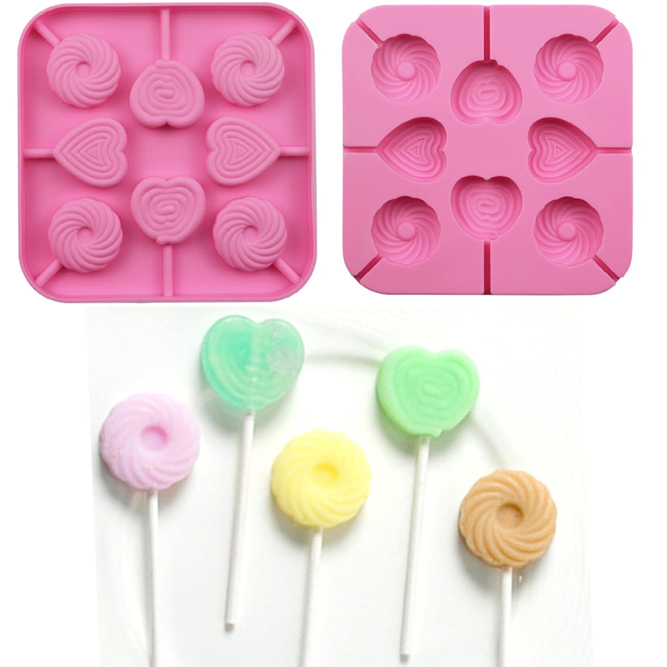 2Pcs Heart-Shaped Silicone Lollipop Molds - 8 Cavity Food Grade Chocolate & Hard Candy Molds with 40 Lollipop Sticks - Perfect for Valentine's Day, Birthday Parties, and DIY Candy Making