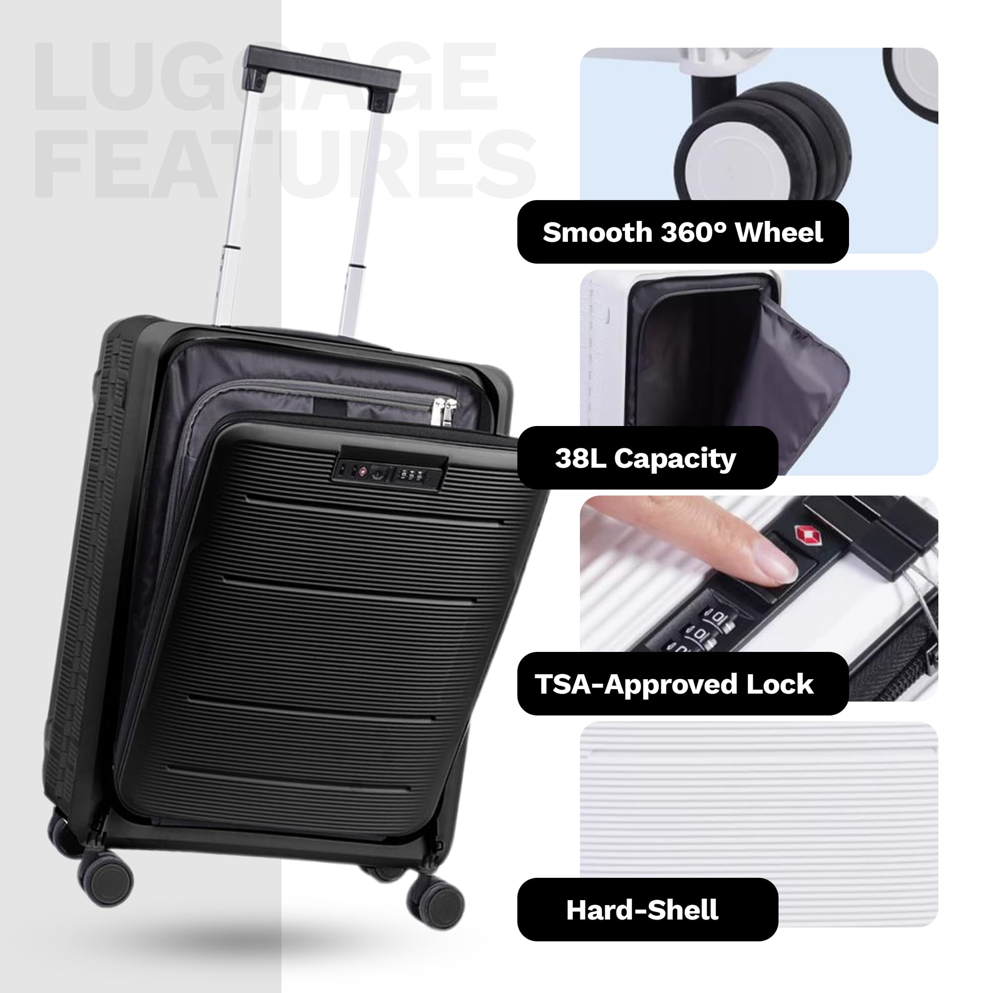 Black Expandable Hard Shell Carry-On Luggage with 360° Spinner Wheels & TSA Lock - 22x14x9 Inch Collapsible Lightweight Suitcase for Air Travel, Business Trips & Weekend Getaways