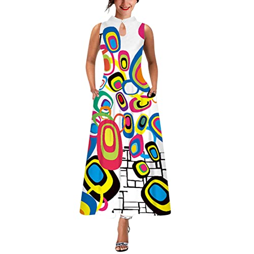 Boho Floral Print Sleeveless Maxi Sundress for Women & Teens - Loose Beach Dress with Stand Neck & Pockets - Summer Long Dress (Yellow, XXXL) | Perfect for Beach Vacations, Music Festivals & Casual Outings