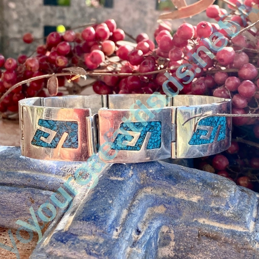 Vintage Mexican Sterling Silver Turquoise Mosaic Bracelet - Handmade Boho Jewelry for Women - Perfect for Festivals, Weddings & Everyday Wear