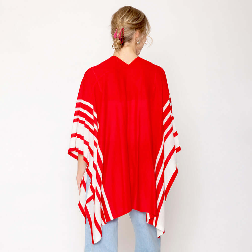 Stylish Red & White Two-Tone Ruana Poncho Shawl Wrap - Perfect for Fall Fashion, Casual Outings & Boho Chic Looks