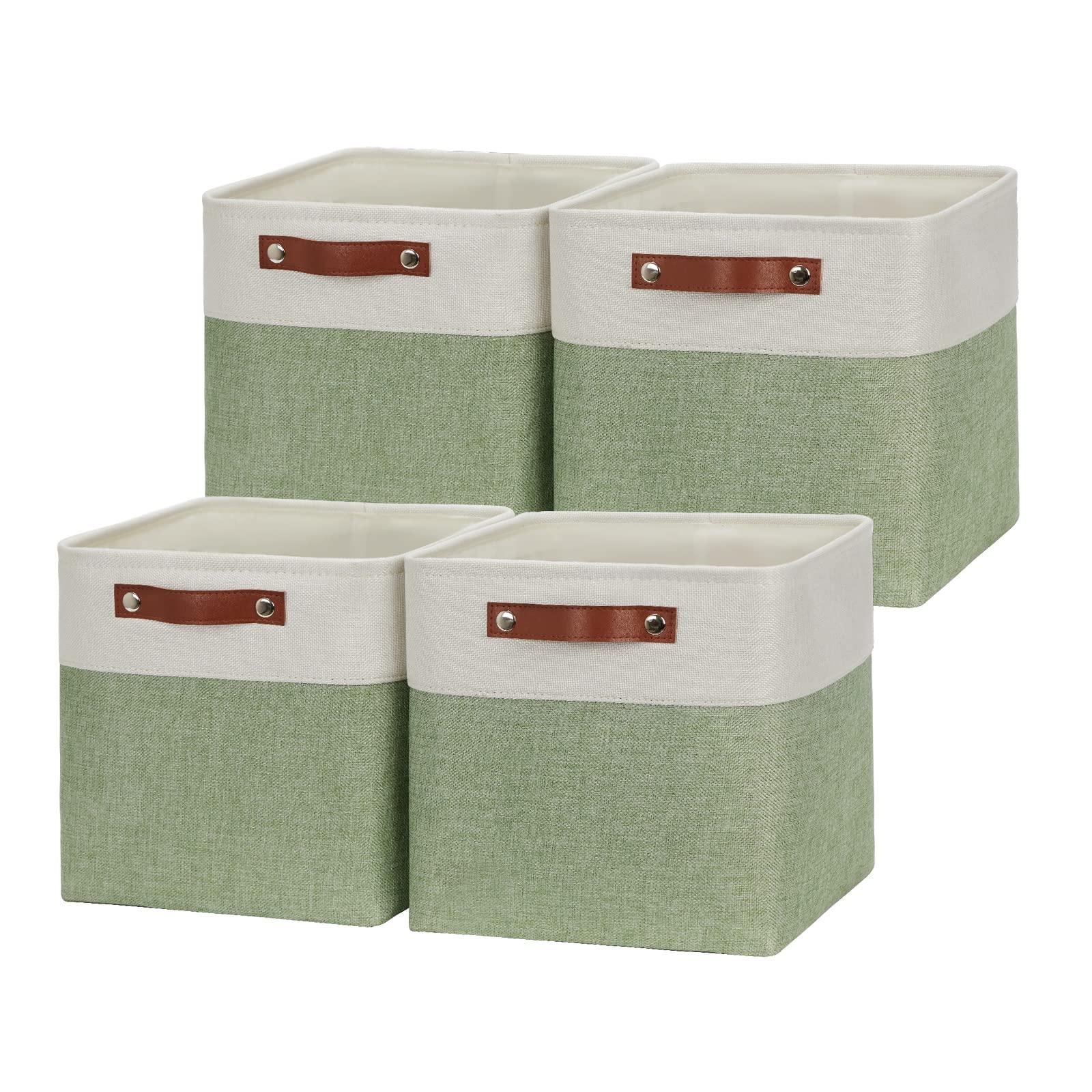 HNZIGE 11x11 Inch Fabric Cube Storage Bins - Set of 4 Foldable Organizer Baskets with Handles for Shelves, Closet, Nursery & Bedroom - Perfect for Home Organization, Toys & Clothes Storage (Green & White)