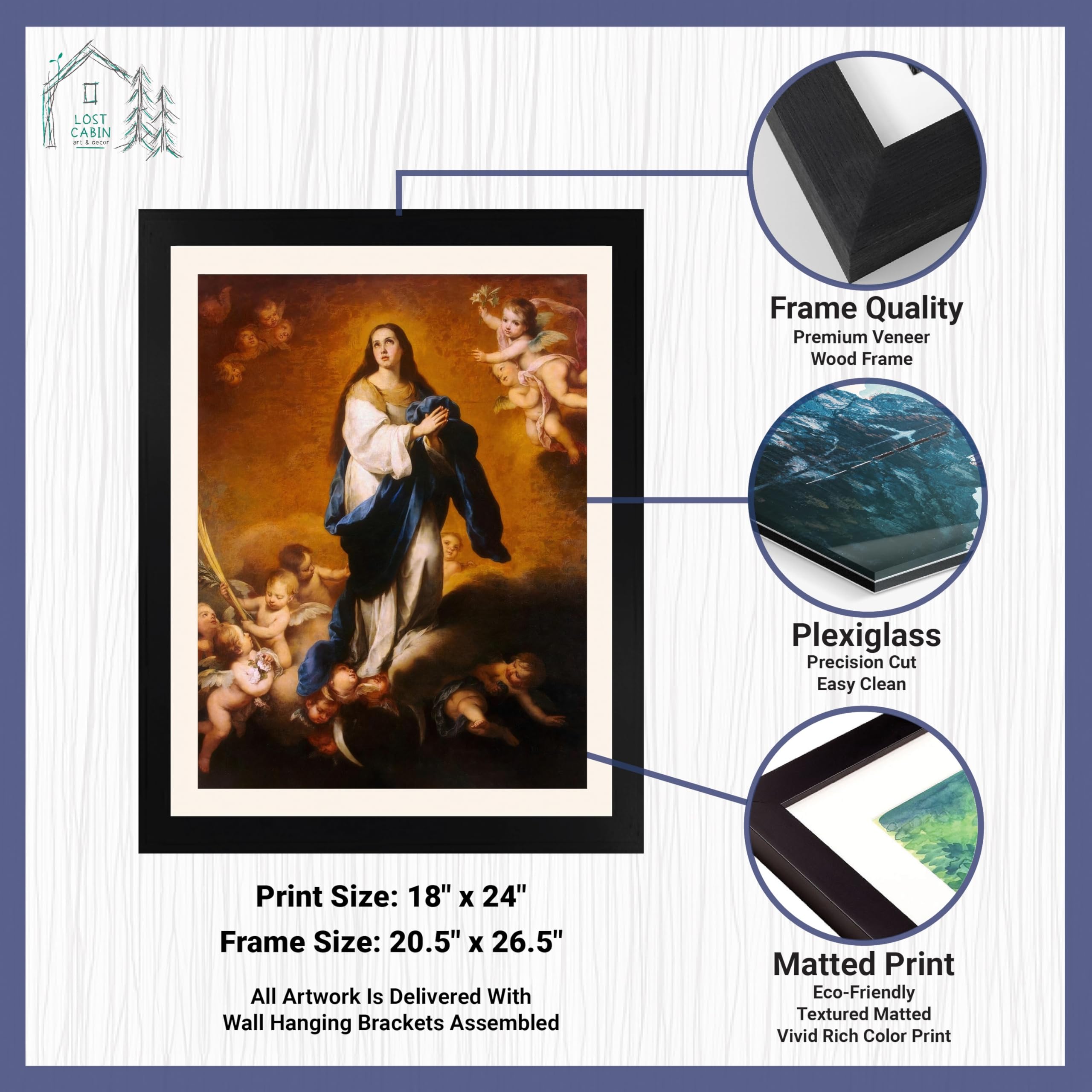 Bartolome Murillo The Immaculate Conception Oil Painting Reproduction - 14x20 Matted Print in Black Flat Frame (20.5x26.5) - Fine Art Wall Decor for Living Room, Bedroom & Office