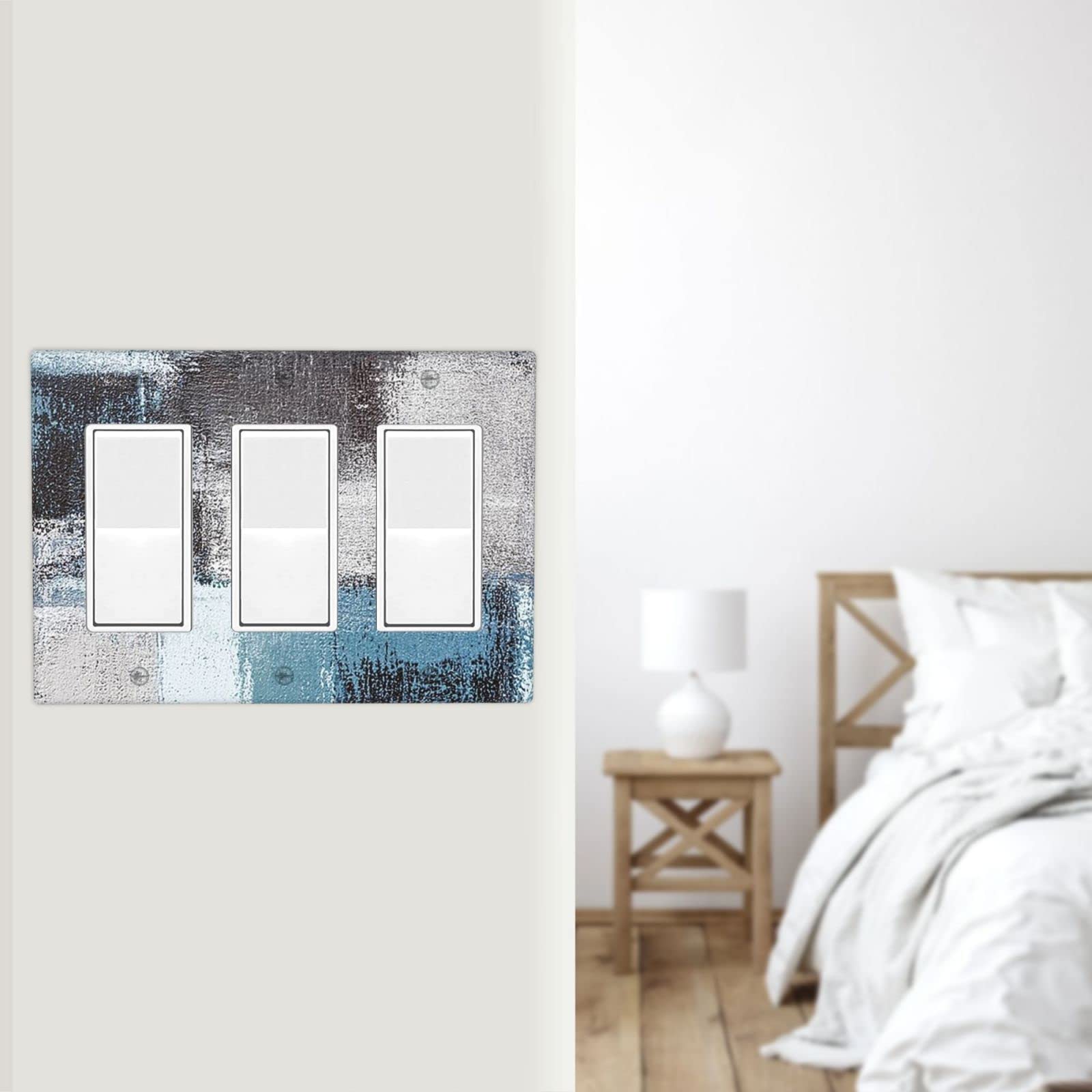 Abstract Blue Gray Black Triple Rocker Light Switch Cover - Decorative 3 Gang Wall Plate for Home & Office - Funny Lightswitch Faceplate 4.5 x 6.38 Inch - Perfect for Living Room, Bedroom, Kitchen & Modern Interior Design